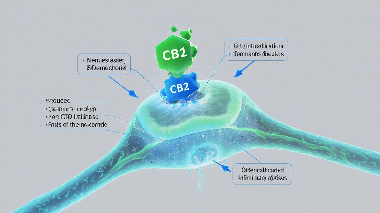 Ilustrace CBD molekuly vážící se na CB1/CB2 receptory v nervové buňce.