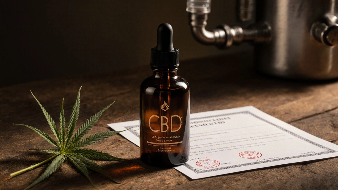 Láhev CBD oleje, list konopí a certifikát COA na dřevěném stole.