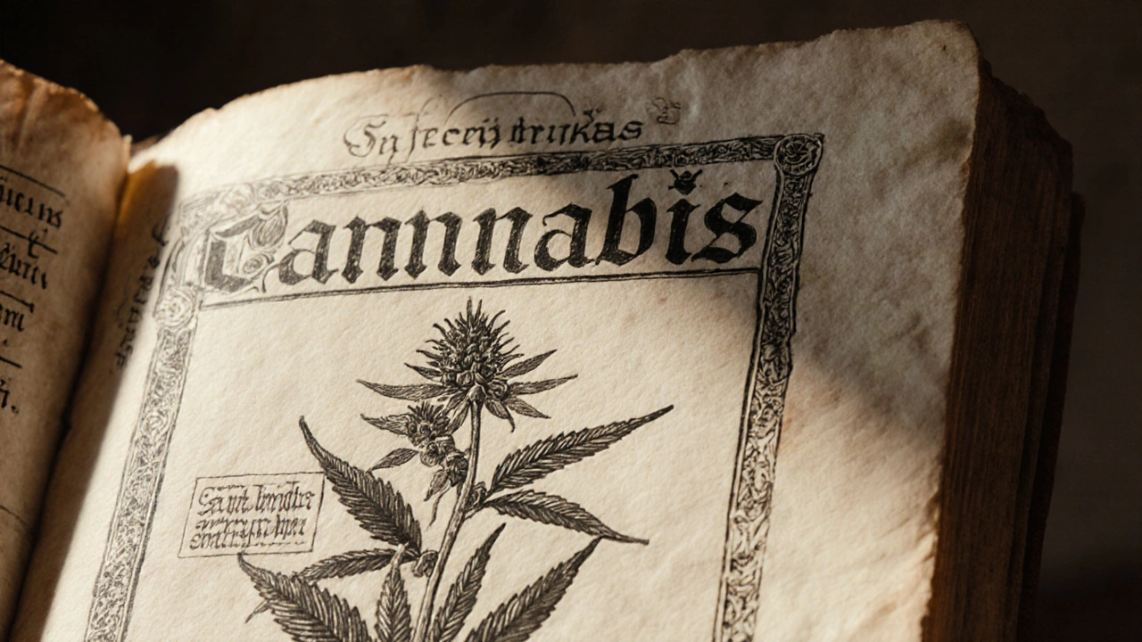 Latinský medicínský rukopis s názvem cannabis a detailní kresbou rostliny.