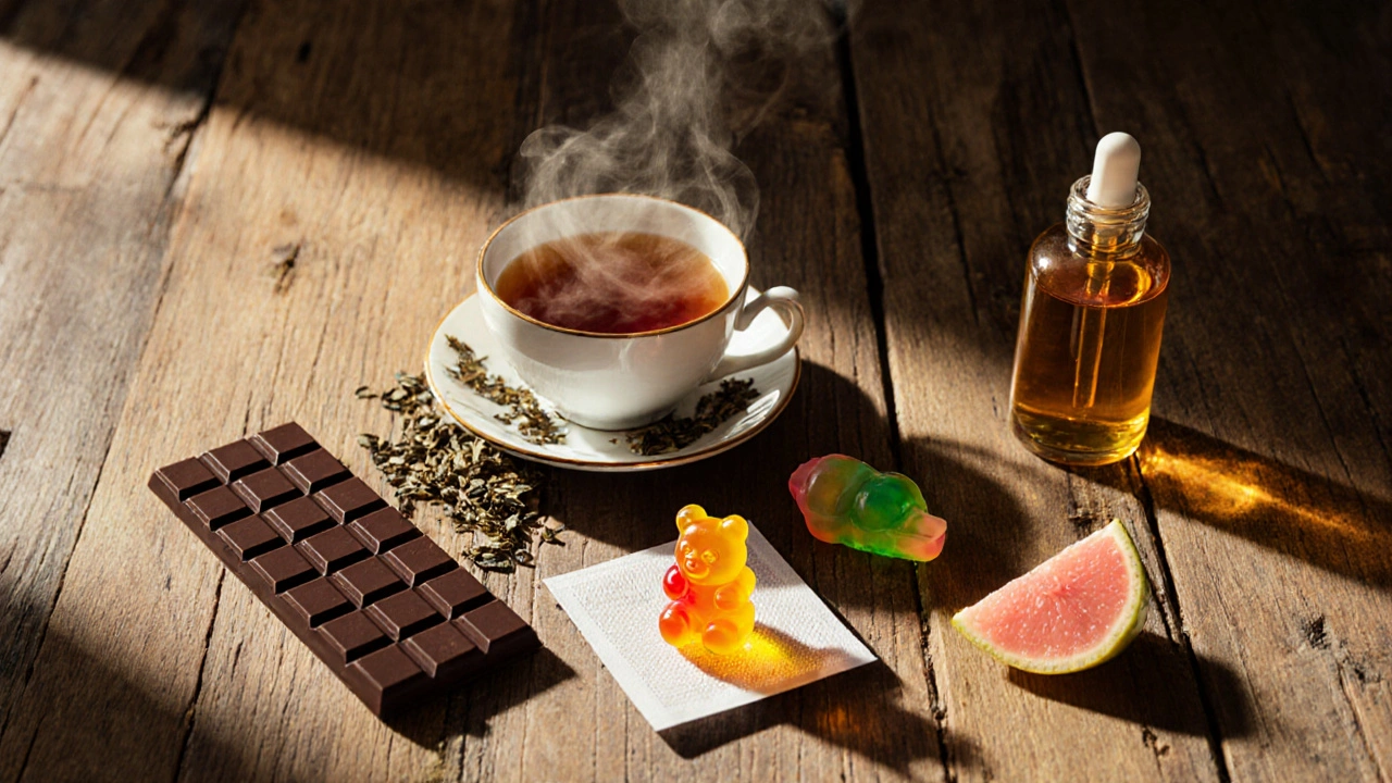 Ploché rozložení pěti populárních konopných edibles: čokoláda, čaj, guma, olej, CBD guma.