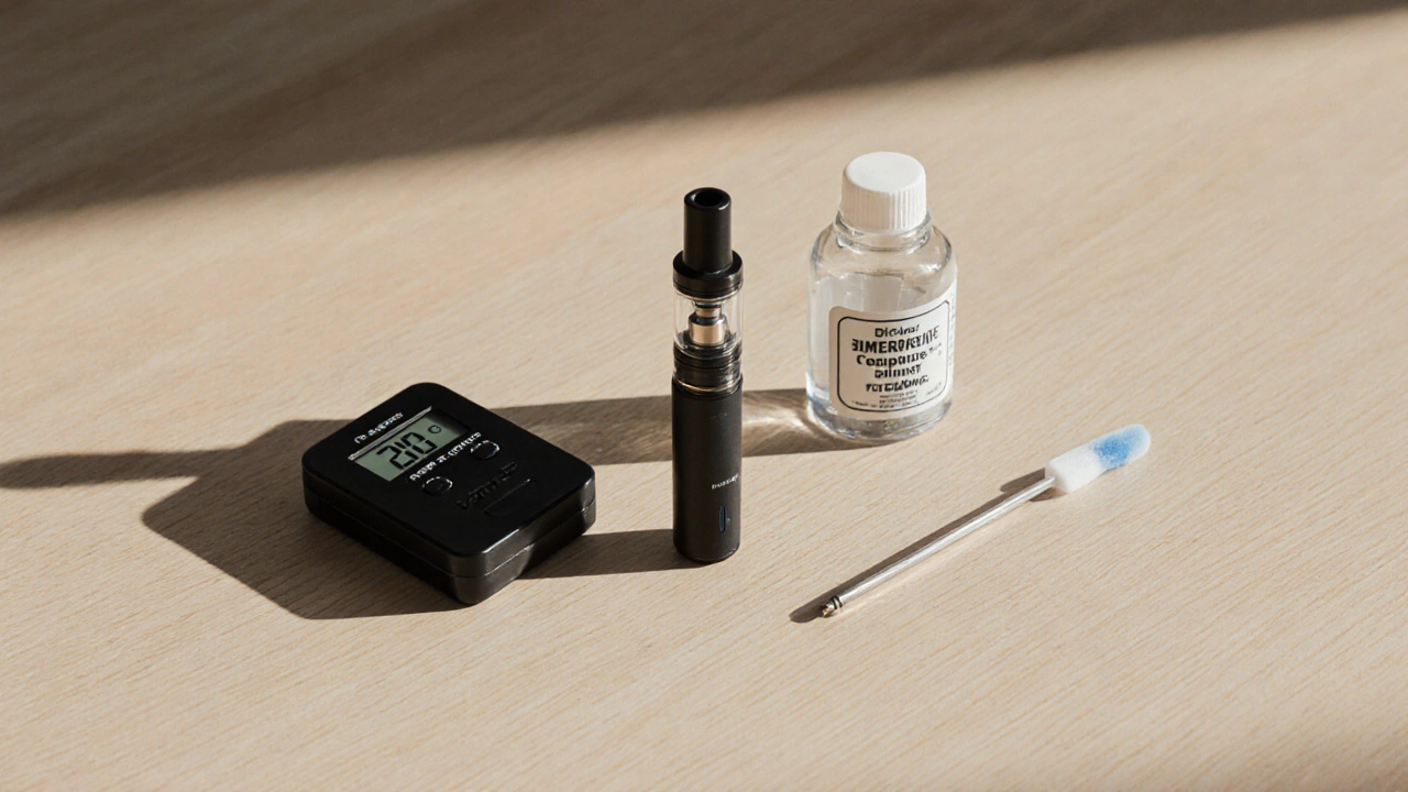Plošná kompozice ukazující cartridge, atomizér, lahvičku PG/VG, teploměr a čistící vatový tampón.