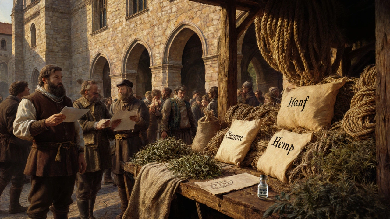 Středověký tržní stánek s obchodníky, konopnými provazmi a dokumenty v různých jazycích.