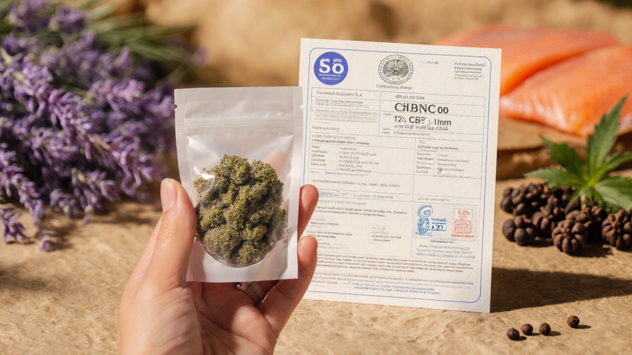 Květy CBD s laboratorní analýzou a přírodními složkami jako lavanda a černý pepř.