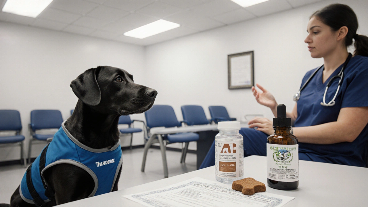 Pes v čekárně u veterináře s CBD pečení a certifikátem analýzy na stole.