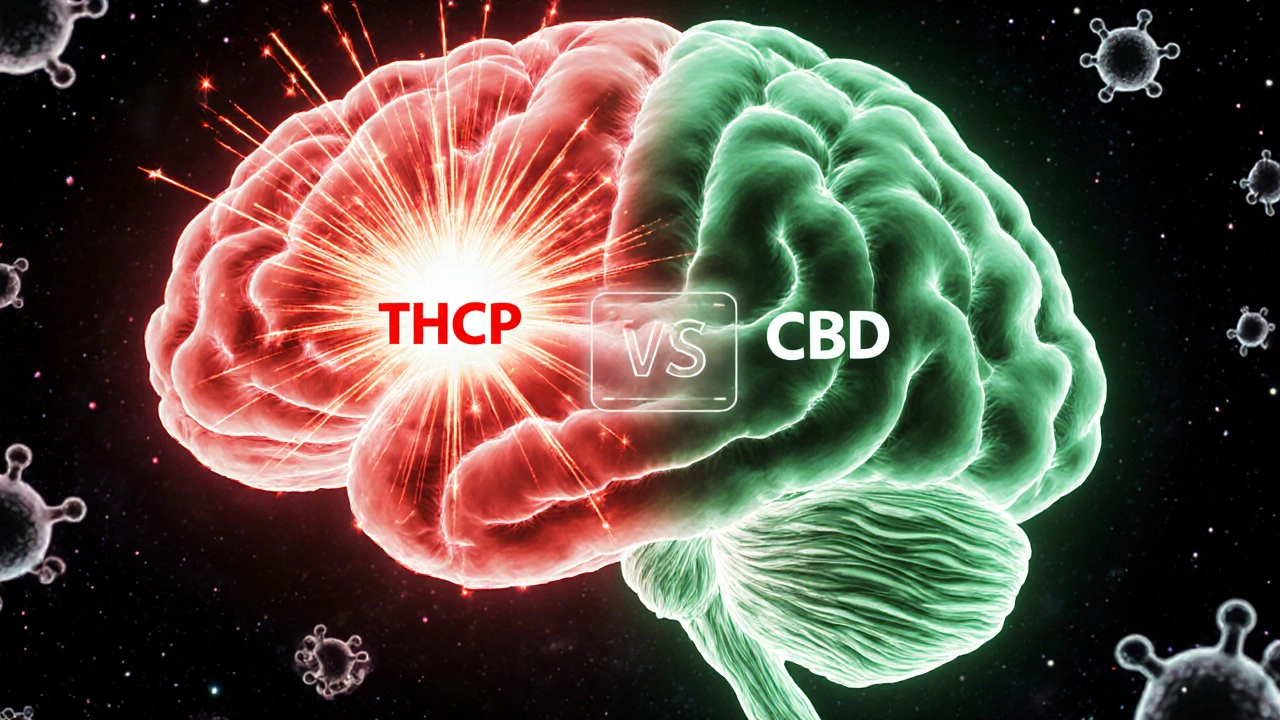 Srovnání mozku pod vlivem THCP a CBD – chaos versus klid v neurologických cestách.