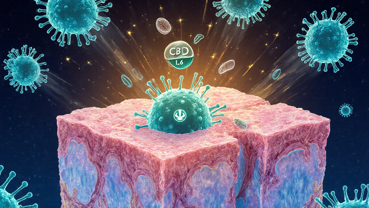 Vědecká ilustrace CBD molekuly vázající se na imunitní buňku a snižující zánětlivé markery.