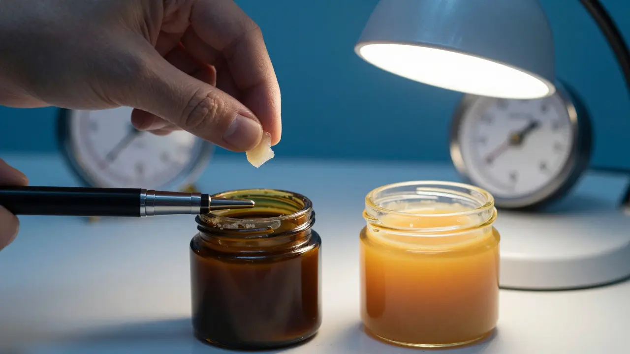CBD shatter vypalovaný v vapeřičce, vedle něj tající CBD vosk pod teplem.