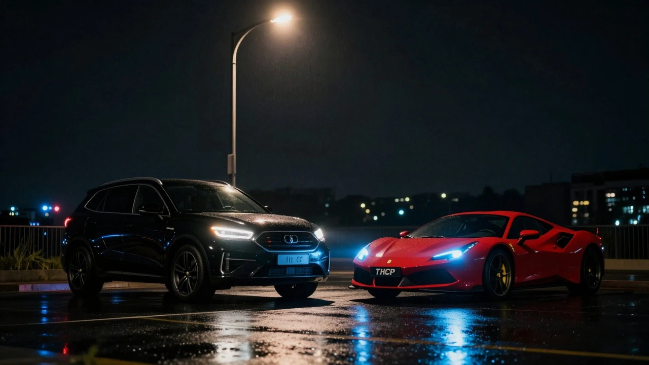 Černý SUV a červený sportovní automobil stojí vedle sebe na mokré silnici pod lampou.