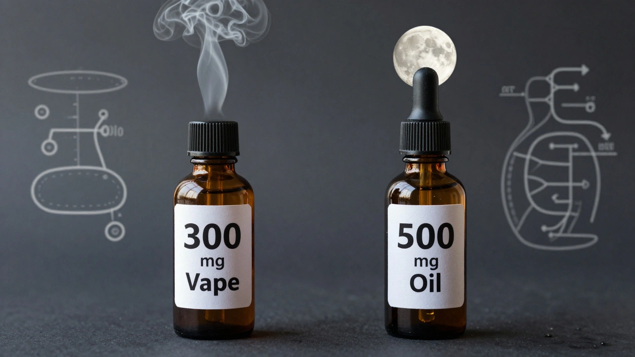 Dva nádoby: vape a olej, symbolizující rychlý a dlouhodobý účinek CBD.
