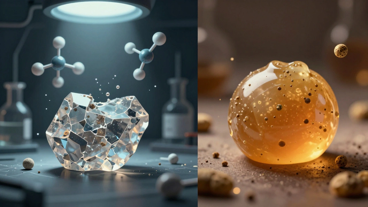 Dvoučástný obrázek: CBD shatter a vosk symbolizující čistotu a entourage efekt.