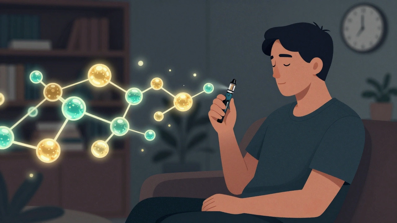 Osoba s vape penem, kolem ní se vznášejí zlaté molekuly CBD.
