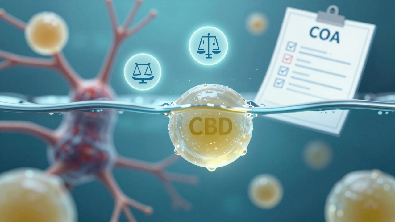 Průhledná CBD gumička se rozpouští ve vodě, mikroskopické molekuly interagují s nervovými buňkami, laboratorní certifikát nad ní.