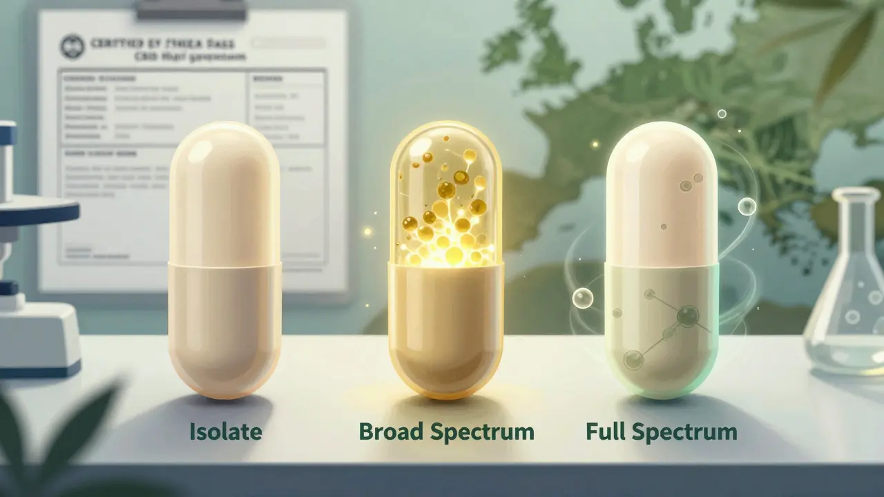 Tři typy CBD kapek na laboratorním stole s označením a symboly kanabinoidů.