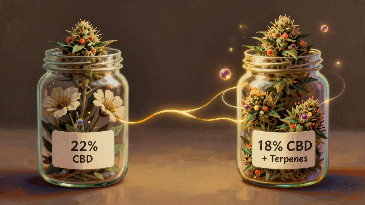 Dvě skleněné nádoby s konopím: jedna s vysokým CBD a bez terpenů, druhá s vyváženým spektrem a těkavými terpeny.