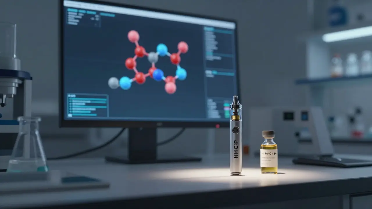 Futuristická laboratoř s HHC-P vepem a výlučnou terpénovou látkou, na pozadí molekulární animace vazby na receptory.