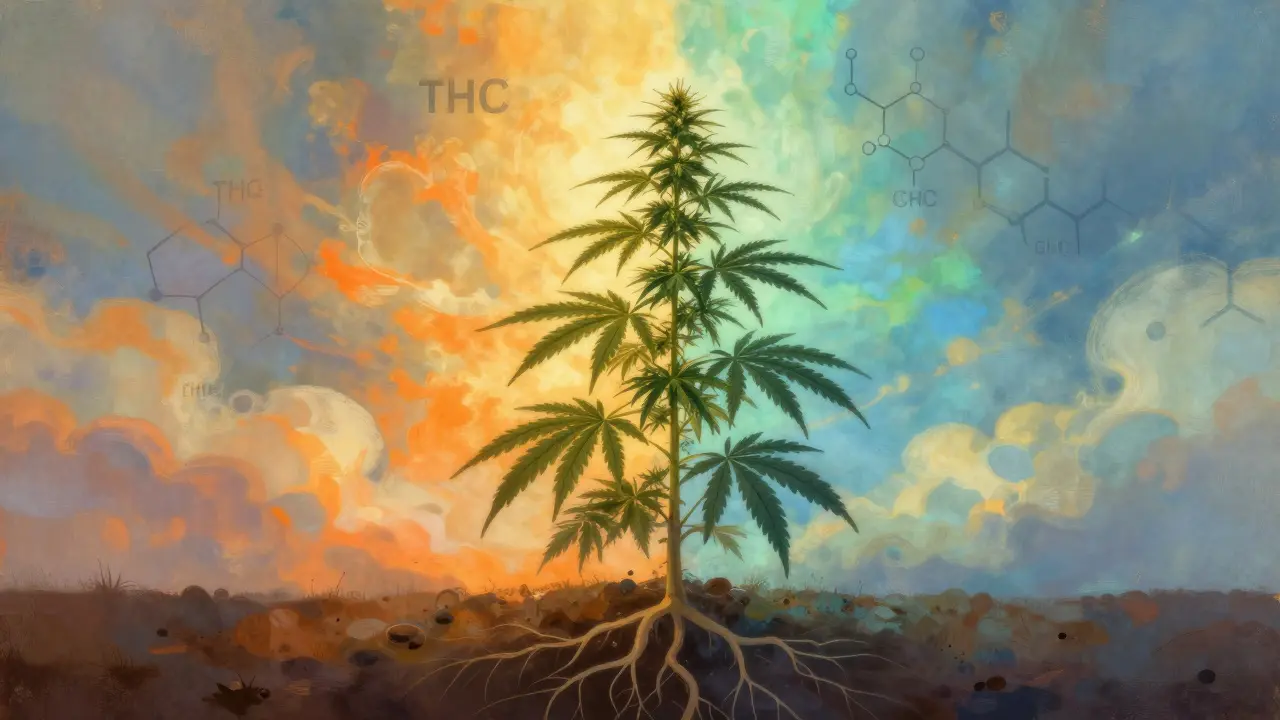 Konopná rostlina pod dvojím nebeským světlem: teplé zlaté pro THC a klidné zelené pro CBD.