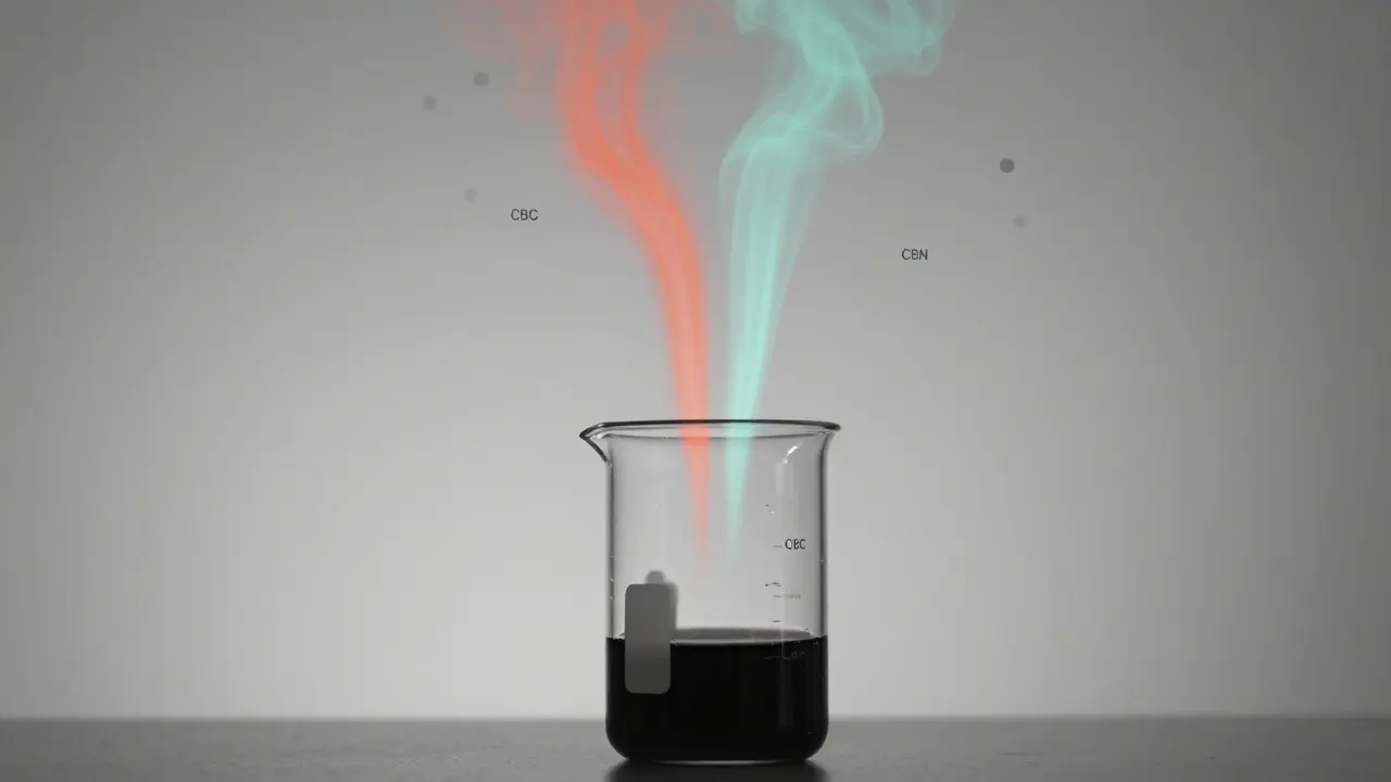 Laboratorní baňka s konopným extraktem, z níž vystupují dvě světelné proudy — THC a CBD.