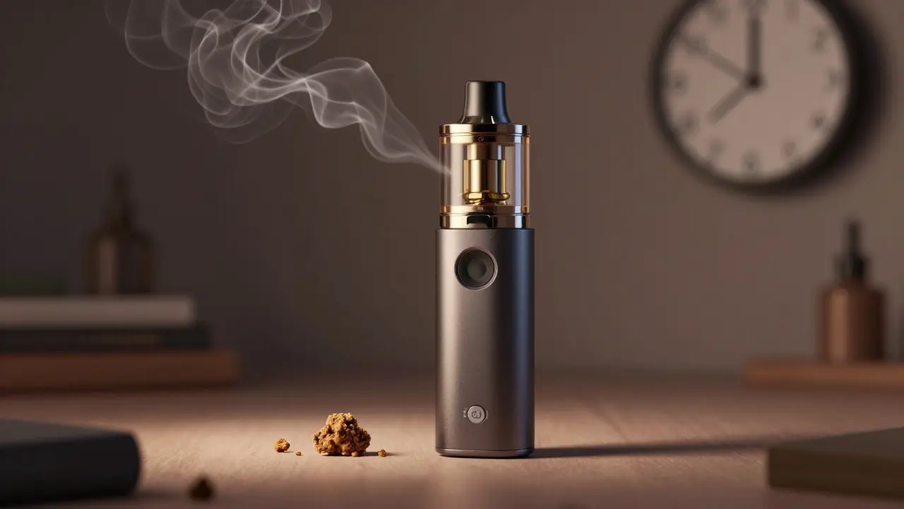 Moderní vape zařízení s jemným parou vznikající z CBD crumble na ohřívači.