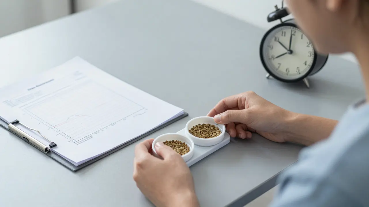 Osoba měří 10 mg CBD na vážce, vedle ní laboratorní výsledek a kalendář ukazující pět dní užívání.