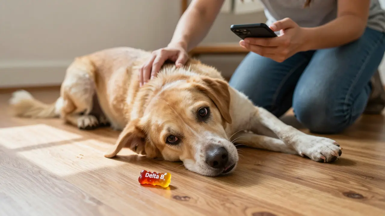 Pes s příznaky otravy Delta 8, zatímco vlastník volá veterináře.