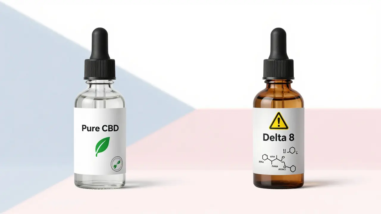 Porovnání čistého CBD a nečistého Delta 8 v láhvi s varovnými značkami.