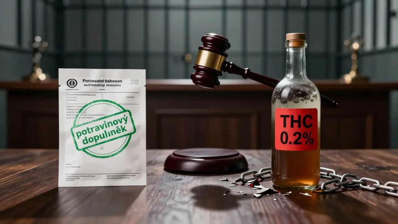 Rozdělená scéna: legální CBD produkt na jedné straně, nelegální THC koktejl na druhé.