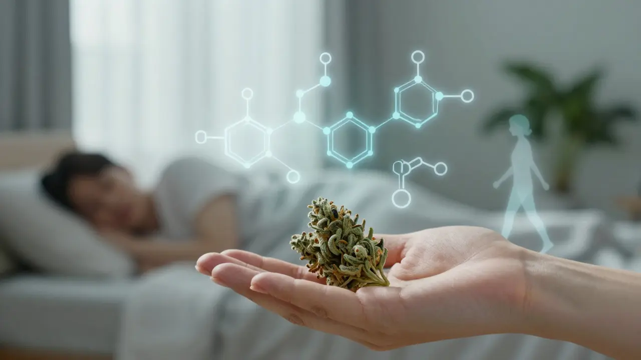 Ruka drží CBD květ, s molekulárními strukturami CBD a terpenů, v pozadí klidné scény odpočinku a spánku.