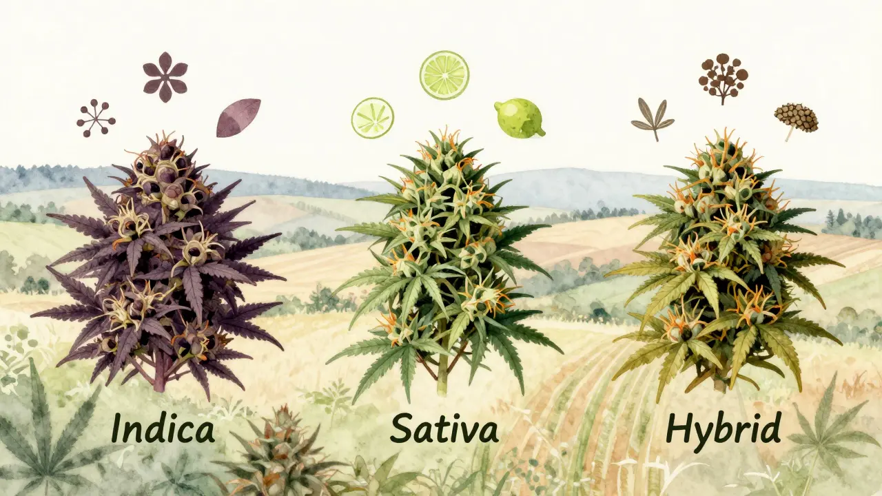 Tři typy CBD květů – Indica, Sativa a Hybrid – s vyznačenými terpeny, na pozadí české krajiny.