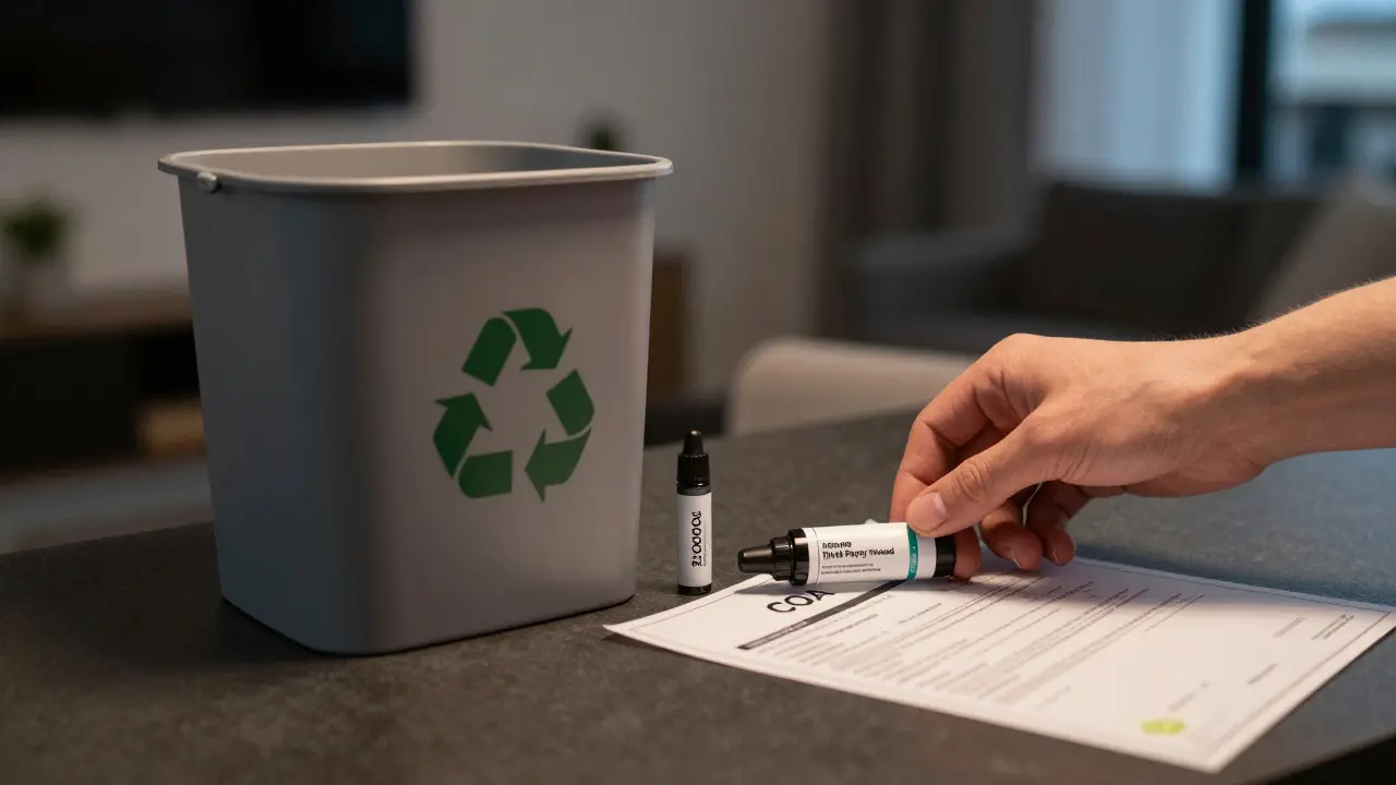 Vyčerpaný CBD kartáček vedle recyklačního koše, vedle něj nový 2g kartáček a certifikát analýzy, symbolizující kvalitu a odpovědné užívání.