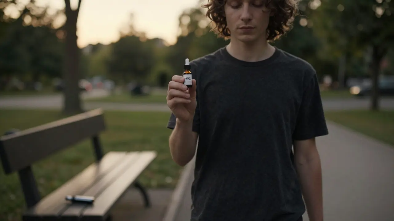 Osoba chodí v parku s kapkami HHC namísto vape, vape je opuštěný na lavičce