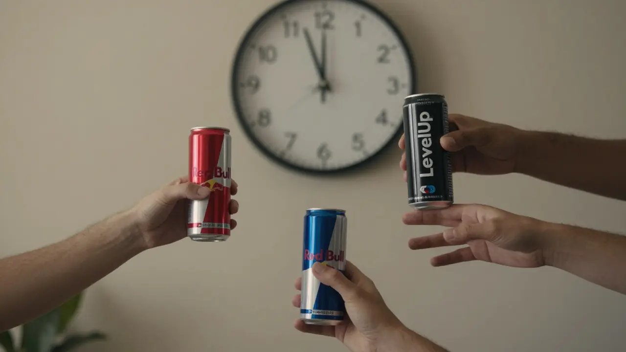 Tři ruky se dotýkají různých nápojů — tradicionální energy drink, CBD nápoj a pausující ruka.