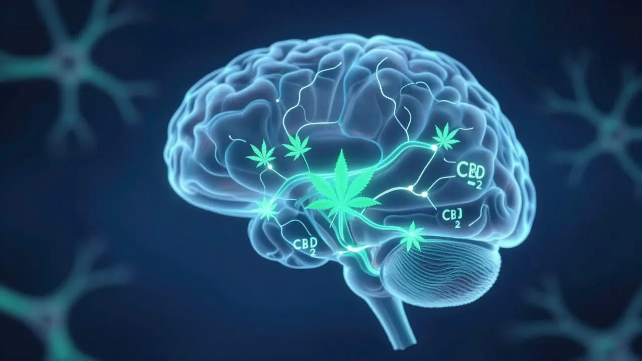 Abstraktní zobrazení neuronů a receptores ECS s motivem konopí