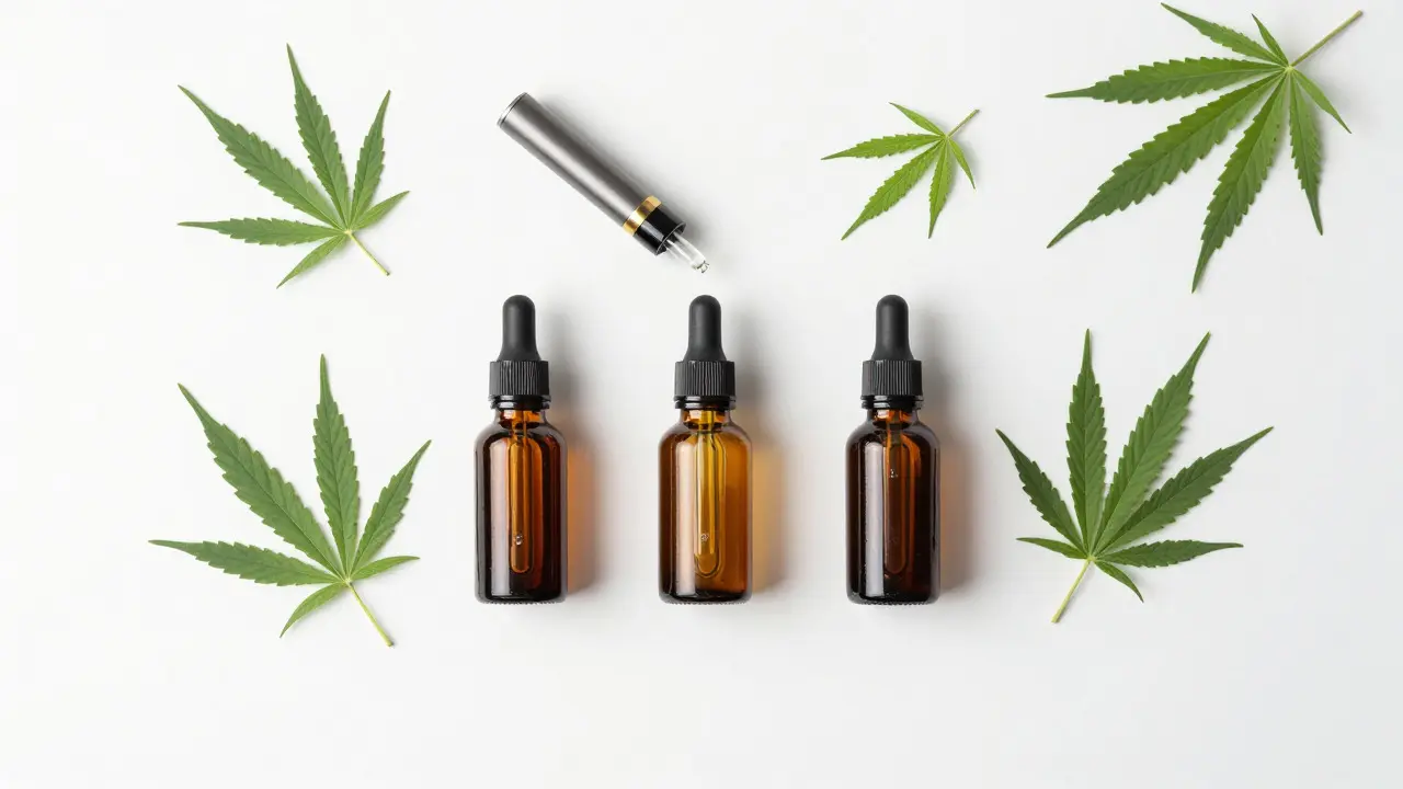 CBD vape pera a lahvičky s oleji různých silností na bílém pozadí