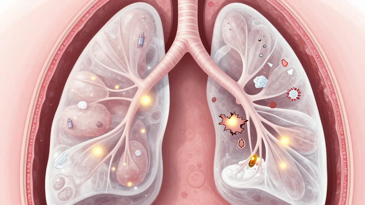 Vědecká ilustrace částic aerosolu v plicních alveolech