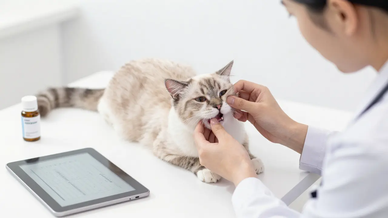 Veterinář vyšetřuje kočku při kontrole dávkování CBD