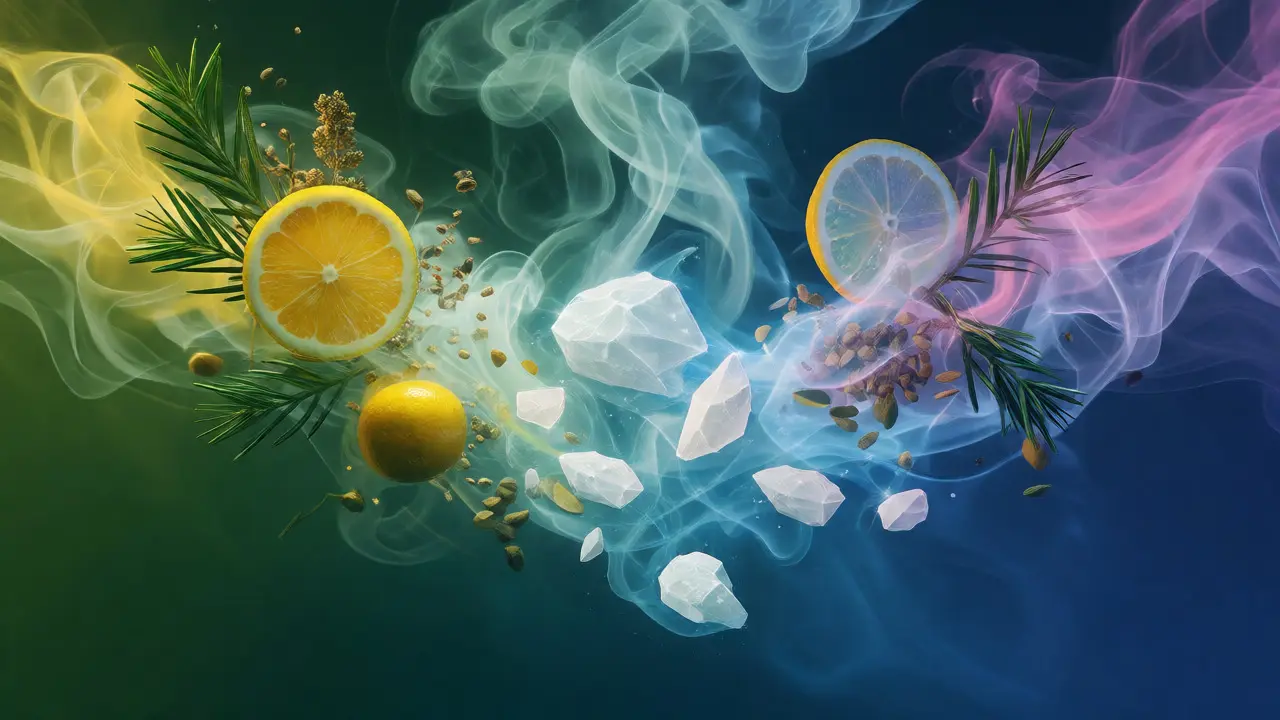Abstraktní vizualizace terpenů a krystalů CBD v páře