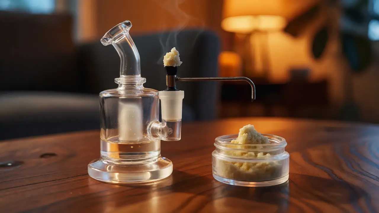 Dab rig s krystalky CBD crumble připravený k použití
