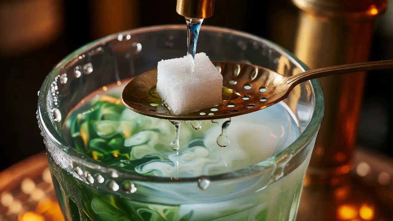 Detail louche efektu při kapání vody přes lžičku s cukrem do absintu