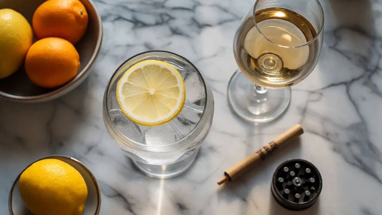 Gin s tonikem, bílé víno a citrony pro párování s konopím