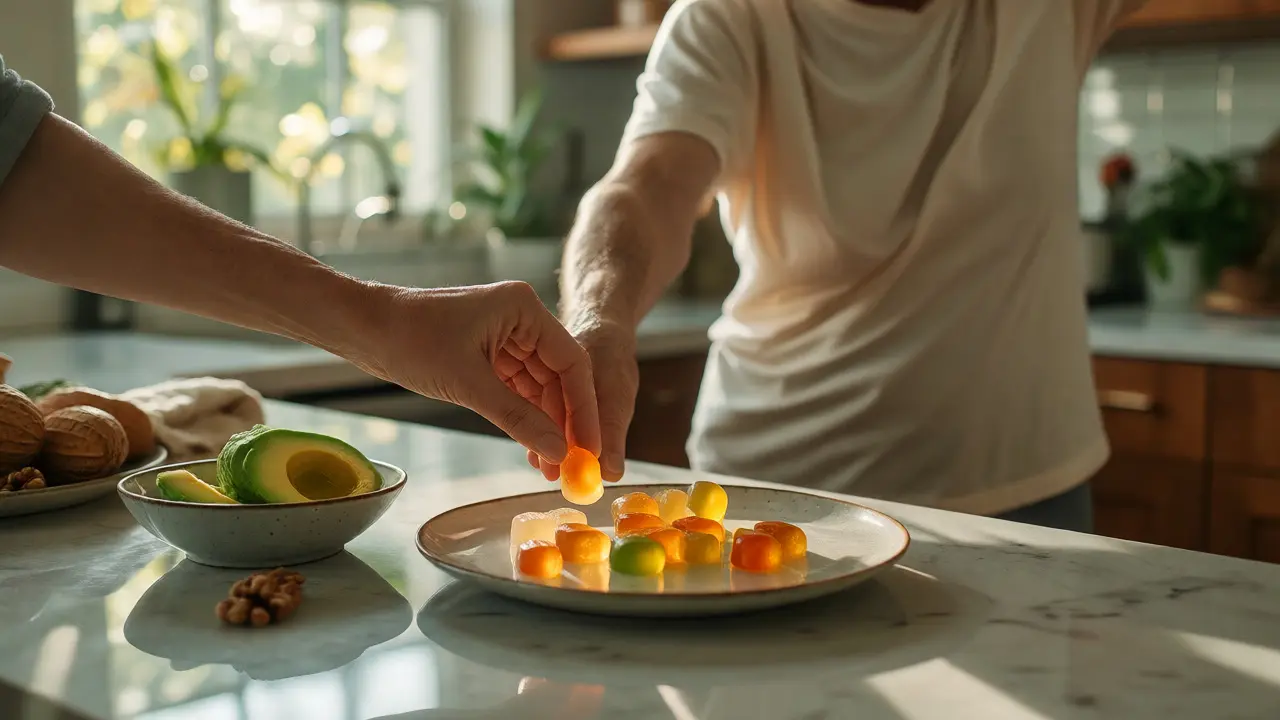 Hand placing CBD gummy near avocado and nuts for optimal absorption