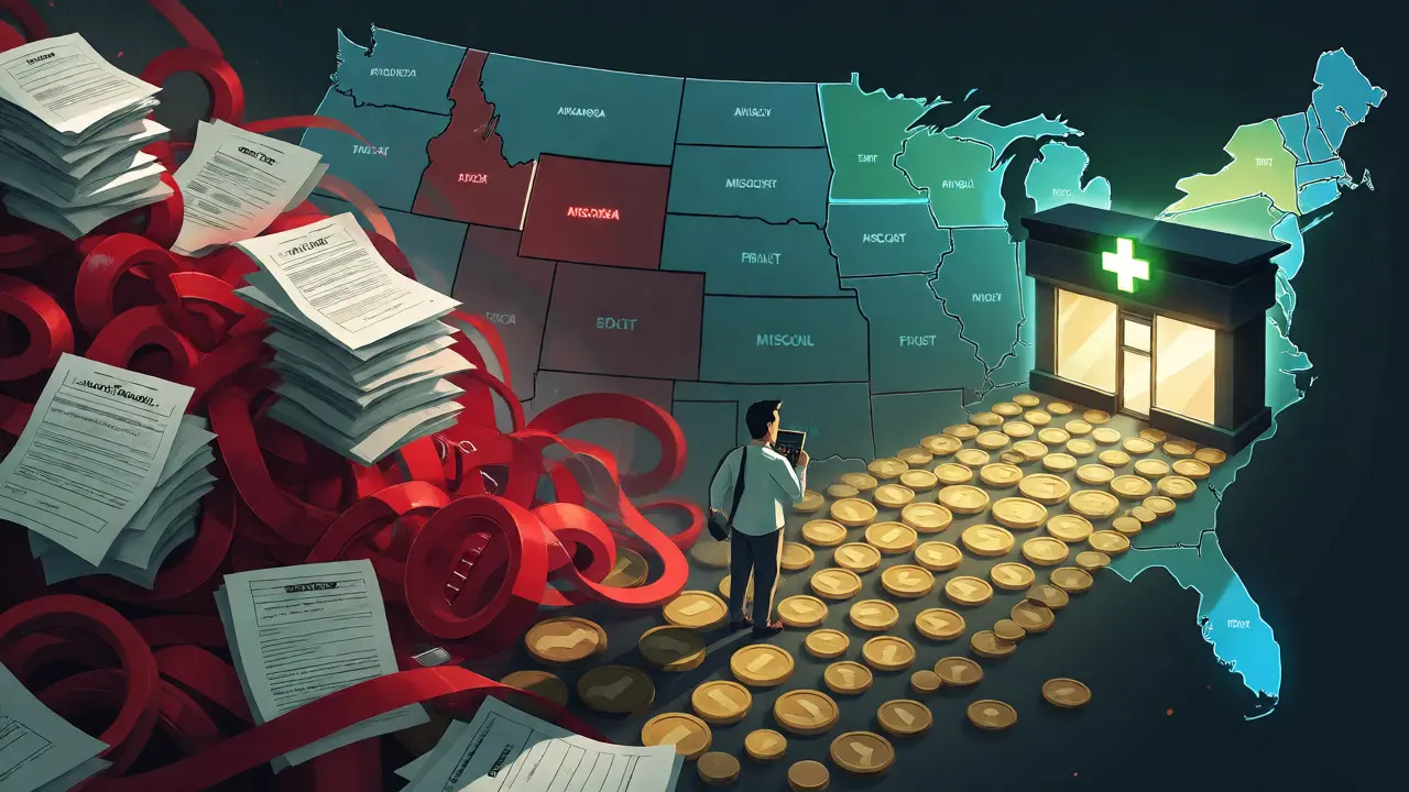 Konceptuální ilustrace finančních a právních překážek při otevírání dispensáře