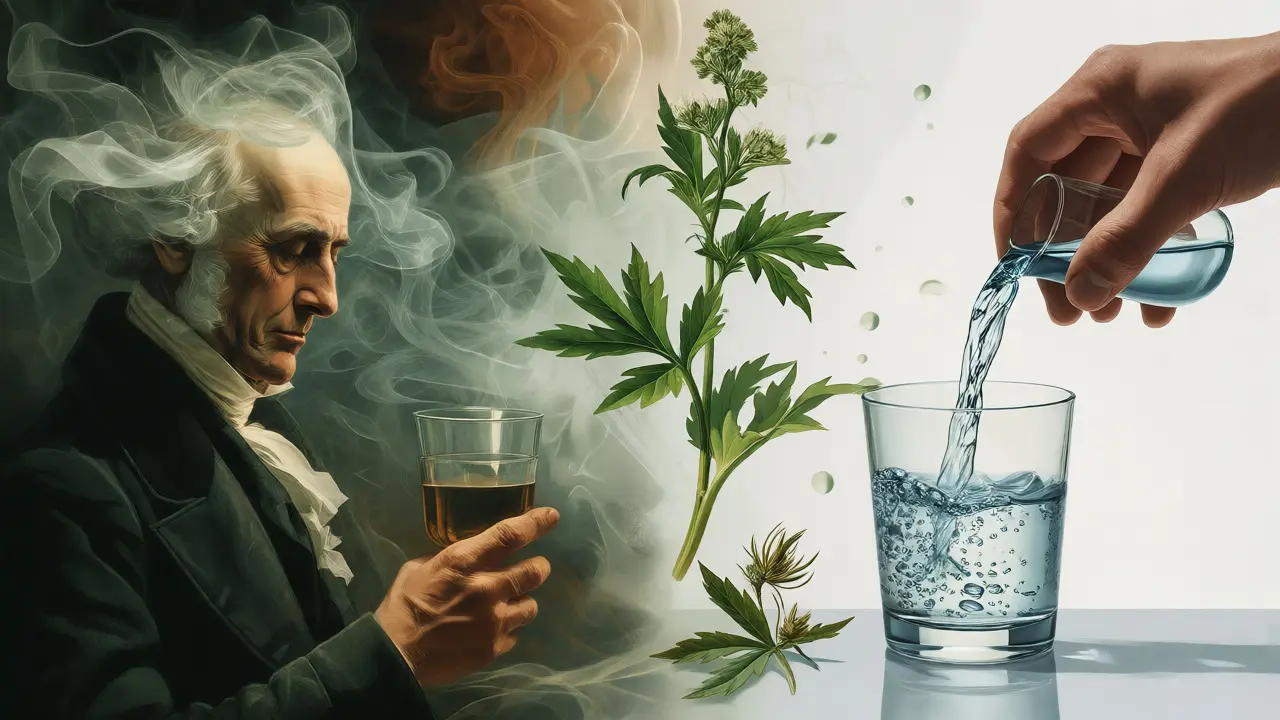 Konceptuální ilustrace spojující historické mýty o absintu s moderním pitím