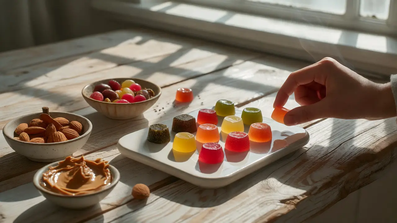Konopné gummies na dřevěném stole vedle oříšků a arašídového másla ve slunečním světle.