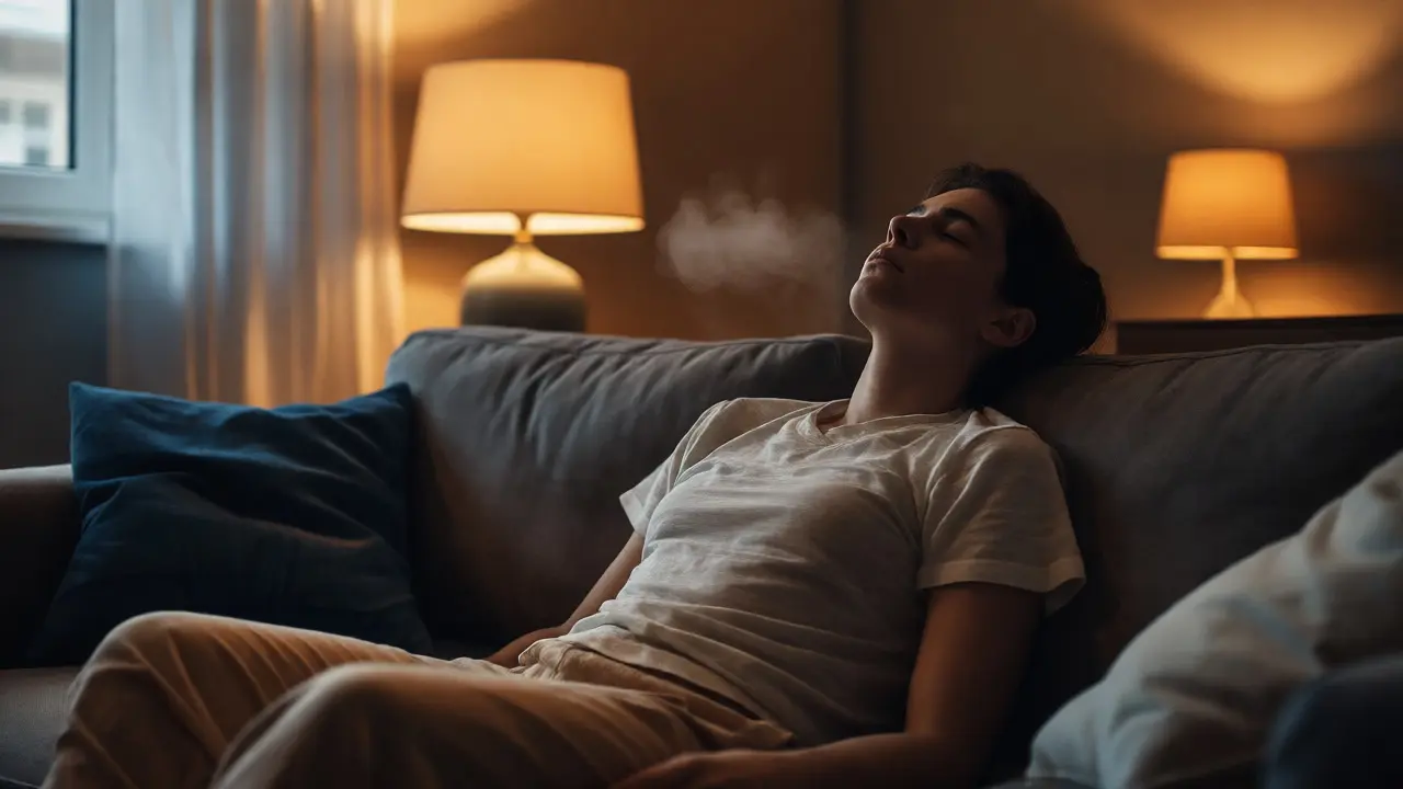 Osoba v hluboké relaxaci na gauči po užití H4CBD