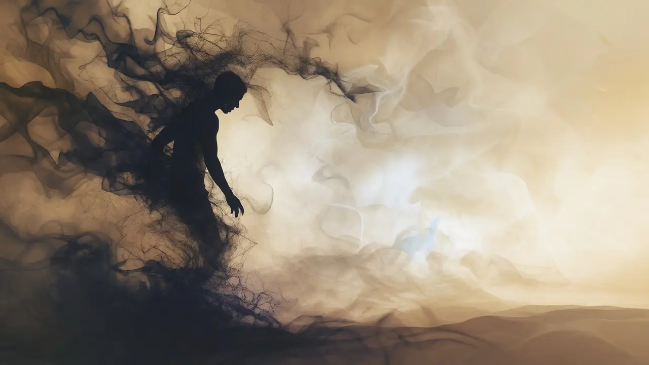 Silhouette transitioning from dark pain smoke to bright, clear relief