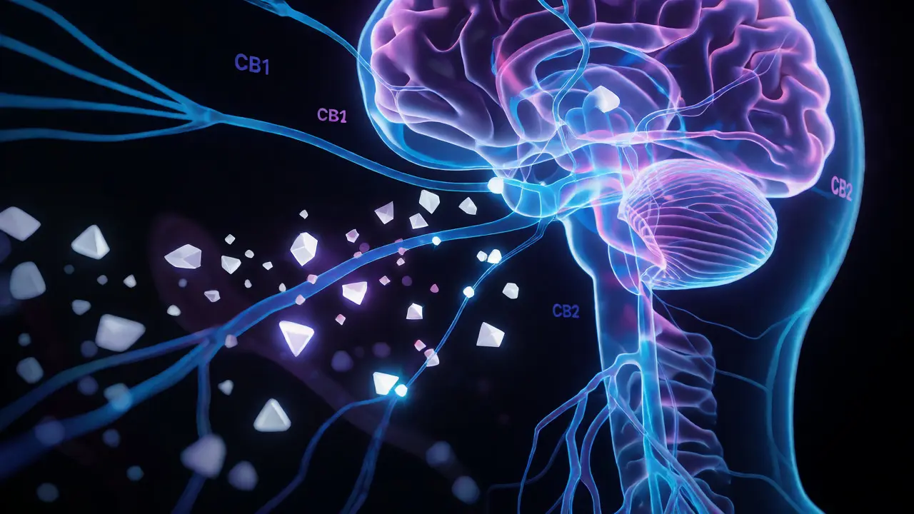 Abstraktní vizualizace rychlého působení CBD v endokanabinoidním systému