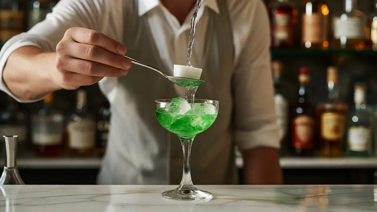 Barmen připravující absint pomalým doléváním vody přes cukr