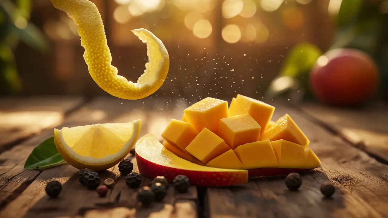 Citronová kůra, mango a pepř ilustrující terpeny
