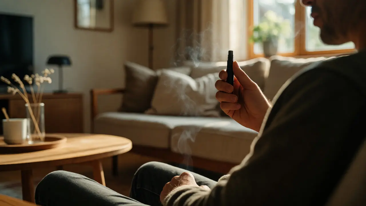 Člověk v klidném obýváku používá vaporizér s CBD