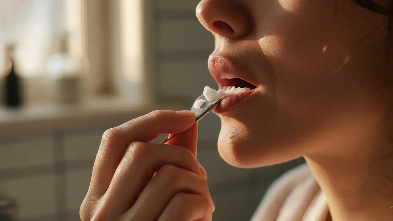 Detailní záběr na aplikaci CBD crumble pod jazyk pomocí nástroje